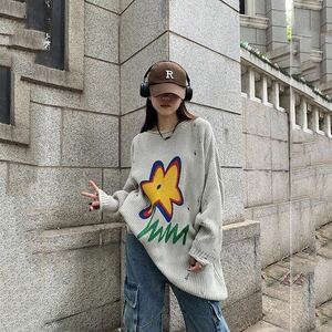 ニット セーター レディース トップス 長袖 丸首 ダメージ加工 ニットセーター レディース 秋冬秋服冬服 ゆったり 秋ニット冬ニットSLUB292