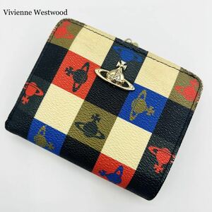 Vivienne Westwood ヴィヴィアンウエストウッド 2つ 折財布 がま口 財布 ロゴマニア オーブ PVCレザー ゴールド マルチカラー チェック