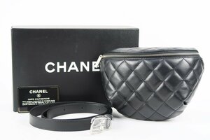 【超美品】CHANEL シャネル ラムスキン マトラッセ ユニフォーム ウエストポーチ バッグ ブラック【PX7】