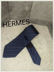 1円 極美品 HERMES エルメス 現行 ネクタイ 縞模様 ストライプ 青系 シルク 青色 ブルー 紳士服 スーツ メンズ 高級 ブランド 社会人