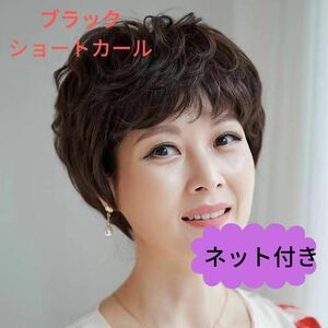 651　フルウィッグ　ショートヘアー　５０代６０代　ナチュラルブラック　医療用 wig かつら　女装　変装　ネット付き　パーマ　カール