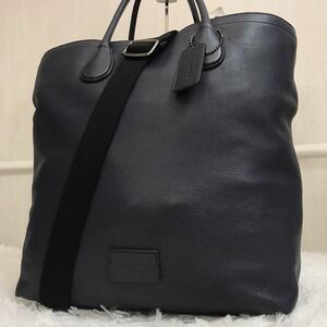 1円【超美品】コーチ COACH トートバッグ ショルダーバッグ 2way メンズ ビジネス 大容量 A4 書類 ネイビー 紺 レザー 本革 旅行かばん