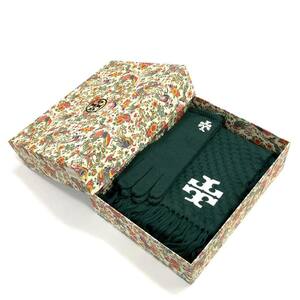 未使用品 TORY BURCH トリーバーチ WHIPSTITCH T SCARF + GLOVE SET マフラー スカーフ ストール 手袋 2点セット OS 緑 グリーン