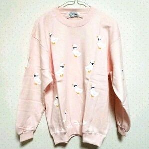 あひる柄 スウェット トレーナー プルオーバー ピンク 春夏 レトロ 個性的