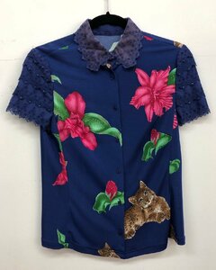 1円～【美品】伊太利屋　レディース　半袖　ブラウス　サイズ9　ブルー系　猫　キャット　アニマル