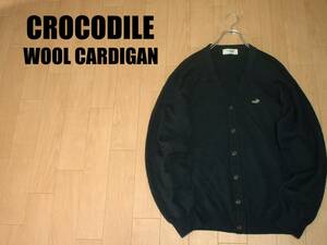 希少CROCODILEワンポイントウールカーディガン美品L濃紺ネイビー正規クロコダイルニットセーター大人気90sビンテージ刺繍ワニ