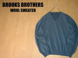 BROOKS BROTHERSブルーグレーVネックウールセーター美品Mネイビーブルー正規ブルックスブラザーズWOOL SWEATERサックス