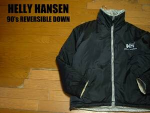 90sビンテージHELLY HANSENリバーシブルダウンジャケットL黒ブラックxシルバー正規ヘリーハンセンDOWN JACKETストリートHIPHOPビッグロゴ