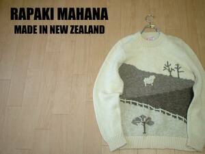 80sビンテージ本場ニュージーランド製RAPAKI MAHANAアニマル柄ウールセーター美品40正規MADE IN NEW ZEALAND牧場KNIT WEAR LTD.羊シープ