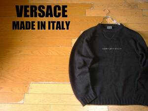 イタリア製VERSACE JEANS COUTUREビッグロゴ刺繍ウールセーターMブラック正規ヴェルサーチMADE IN ITALY黒クルーネック90sビンテージ