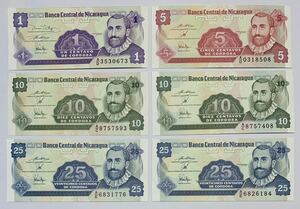 ●【新品】【未使用】ニカラグア共和国　1、5、10、25コルドバ　紙幣　計6枚　ピン札　過去に発行された紙幣、外国紙幣 