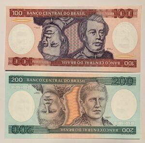 ●【新品】【未使用】ブラジル連邦共和国　100、200クルゼイロ　紙幣　各1枚（計2枚）　1984年頃　ピン札　過去に発行された紙幣、外国紙幣