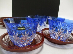 HOYAクリスタル　色被せ　切子　冷茶グラス　5個　竹製　あじろ茶托　5個/ グラス　茶器セット　湯呑　茶托　未使用　ホヤ