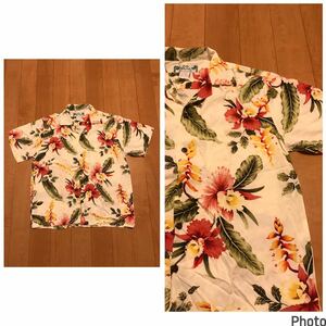 良品☆HAWAII製／TWO PALMS・トゥーパームス サイズM 半袖希少.レーヨンアロハシャツ 大判花&葉っぱ総柄.ボタニカル 開襟オープン 米国.USA