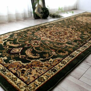 ■■キッチンマット トルコ製 ペルシャ柄 ウィルトン織り カーペット 絨毯 80ｘ540cm グリーン