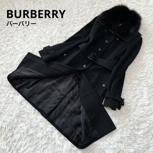 【極美品】BURBERRY LONDON　バーバリーロンドン　カシミヤ混　ベルテッドコート　ロングコート　フォックスファー　黒　ブラック　M　38