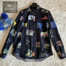 【1円スタート】現行 Paul Smith ポール スミス メンズ長袖シャツ 総柄 L 黒 ブラック_画像1