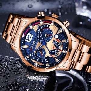 T429 新品 DEYROS クロノグラフ 腕時計メンズ ラグジュアリー ピンクゴールド アナログ