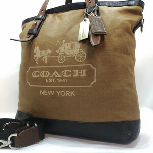 【美品】コーチ COACH トートバッグ ショルダーバッグ 2way メンズ レザー キャンバス 本革 ビジネスバッグ A4可 PC可 大容量 馬車 カーキ