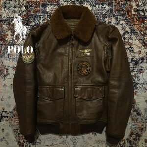 【名作】 Polo Ralph Lauren Shearing Collar Bomber Leather Jacket 【M】 シアリング レザー ジャケット G-1 牛革 RRL ライダース ボア