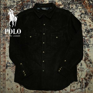 【激渋】 Polo Ralph Lauren Leather Western Shirt Jacket 【XL】 レザー ウエスタン シャツ ジャケット 漆黒 ブラック 牛革 RRL 