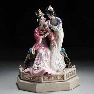 X046. 中国美術 陶製人形 美人 女性 二人 置物 高さ30cm / 陶磁器フィギュリン東洋美術
