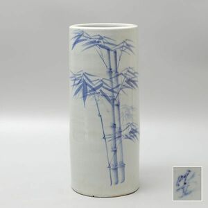 X439. 韓国人間国宝【安東五】青白磁 染付 竹文 筒花生 高さ35cm / 陶器陶芸花瓶壷花器