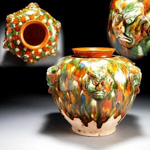 X331. 中国古玩 唐三彩 人面象装飾 壺 高さ19cm / 陶器陶芸古美術時代花器花瓶壷