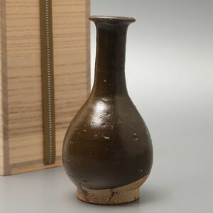 X607. 古美術品 古琉球 黒釉 花器 徳利 高さ15.3cm 合箱 / 陶器陶芸古美術時代花瓶花生
