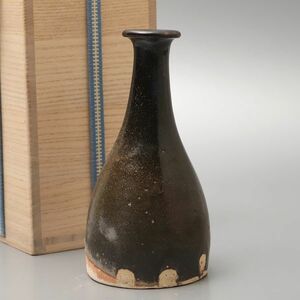 X614. 古美術品 古琉球 黒釉 花器 徳利 高さ14.5cm 合箱 / 陶器陶芸古美術時代花瓶花生