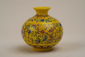 中国 古美術 黄釉 琺瑯彩 花器 花瓶 球形 乾隆 大清