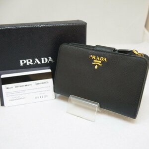 USED品・保管品 PRADA プラダ 1ML225 サフィアーノ 二つ折り財布 コンパクトウォレット ブラック ゴールド金具 外箱/ギャランティカード付