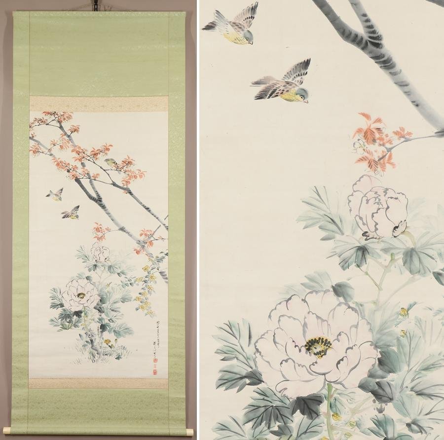 [Authentic] ◆Yoshitora Tatematsu◆Large size◆Spring flowers and small birds◆Cherry blossoms◆Shijo school◆Japanese painting◆Owari province (Aichi prefecture)◆Hand-painted◆Paper◆Hanging scroll◆t296, Painting, Japanese painting, Flowers and Birds, Wildlife