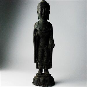 朝鮮美術 高麗 古銅 鍍金 釈迦如来立像 高麗仏 新羅仏 代々祖霊神 仏像 37.2cm KMR6127T15K