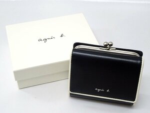 【美品】アニエス べー ミニ 三つ折り 財布 レザー コンパクト ブラック ロゴ バイカラー