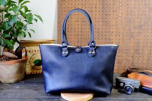 ** domestic production deep navy cow leather shrink leather tote bag L size high capacity A4 author handmade * made in Japan canvas bag hand made 
