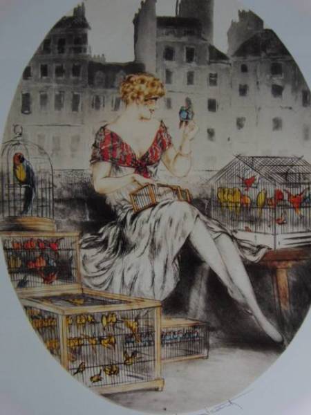 Louis Icart, Bird seller, Rare limited edition art book, New frame included, y321, Painting, Oil painting, Portraits