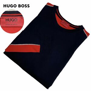 極美品 HUGO BOSS ヒューゴボス ニット セーター XL LL 赤タグ クルーネック 長袖 ロゴ刺繍 バイカラー ヴァージンウール100%！極上の逸品