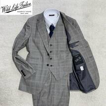 溢れる高級感 T.NOBUKUNI for WILD LIFE TAILOR スーツ セットアップ 3ピース スリーピース グレンチェック柄 M グレー ベスト ジレ _画像1