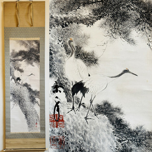 時代年代物 掛軸 水墨画 在銘 松に双鶴 日本画 花鳥