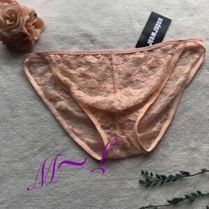 新品　メンズ エロチック　サーモンオレンジ　シースルー 花柄　レース　ビキニ ブリーフ ストレッチ ショーツ パンツ 男前　WILD