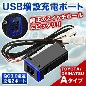 USBポート 充電 トヨタ ダイハツ 汎用 増設 純正形状 スイッチホールパネル キット 専用 カプラー Aタイプ 2ポート 急速充電 QC3.0 LED 青