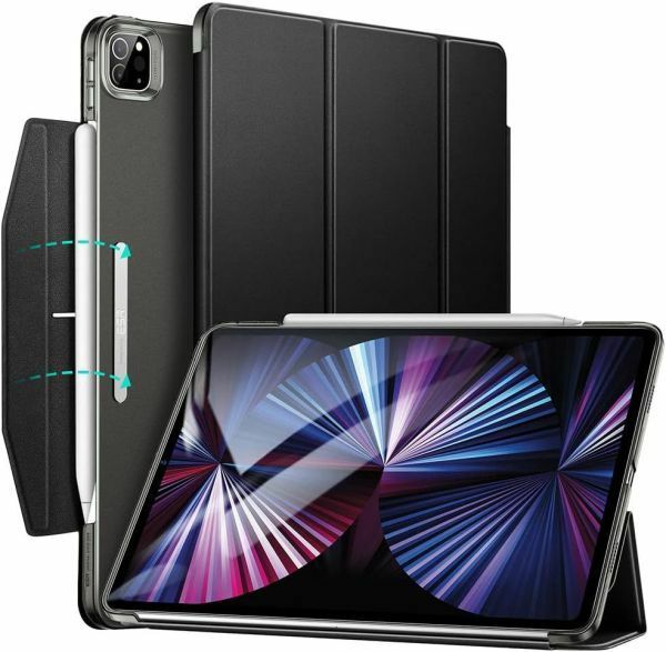 ESR iPad Pro 11 ケース 第三世代 5G 半透明つや消し PCカバー 留め具付き イッピー 三つ折りスタンド 軽量 ブラック Y13
