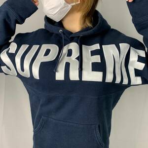 ☆ 14AW Supreme シュプリーム Banner Pullover バナー スウェット パーカー Satin Applique logo hooded sweatshirt (ネイビー紺S)GGR