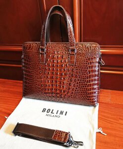 最高級逸品20万◆イタリア・ミラノ発*BOLINI/ボリニ・最上級牛革・クロコダイル*ビジネスバック/ブリーフケース・茶色