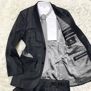 光沢！！バーバリーブラックレーベル BURBERRY BLACK LABEL ロゴ柄 スーツ セットアップ Mサイズ 38R ダークグレー 灰色 ウール100