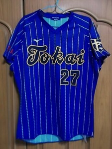 【正規品・古着】東海大学 女子ソフトボール部＃27ユニフォーム　支給品　青色　ストライプユニ　