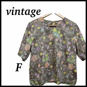 カットソー Tシャツ 花柄 グレー Vネック 古着 半袖 華やか