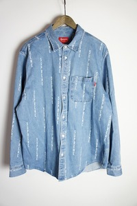 国内正規 美品20AW Supreme シュプリーム Logo Stripe Jacquard Denim Shirt ロゴ ストライプ ジャガード 長袖デニム シャツ 本物 青120O▲