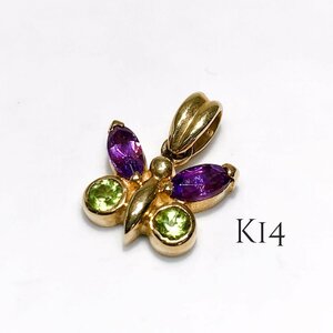 美品 K14 天然石 バタフライ ペンダント トップ 約1.5cm 約1.8g GOLD 14金 貴金属 刻印 レディース アクセサリー 蝶 ネックレス チャーム